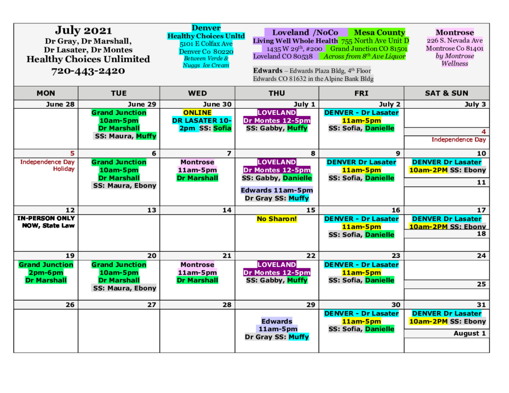 Clinic Calendar HealthyChoicesUnltd